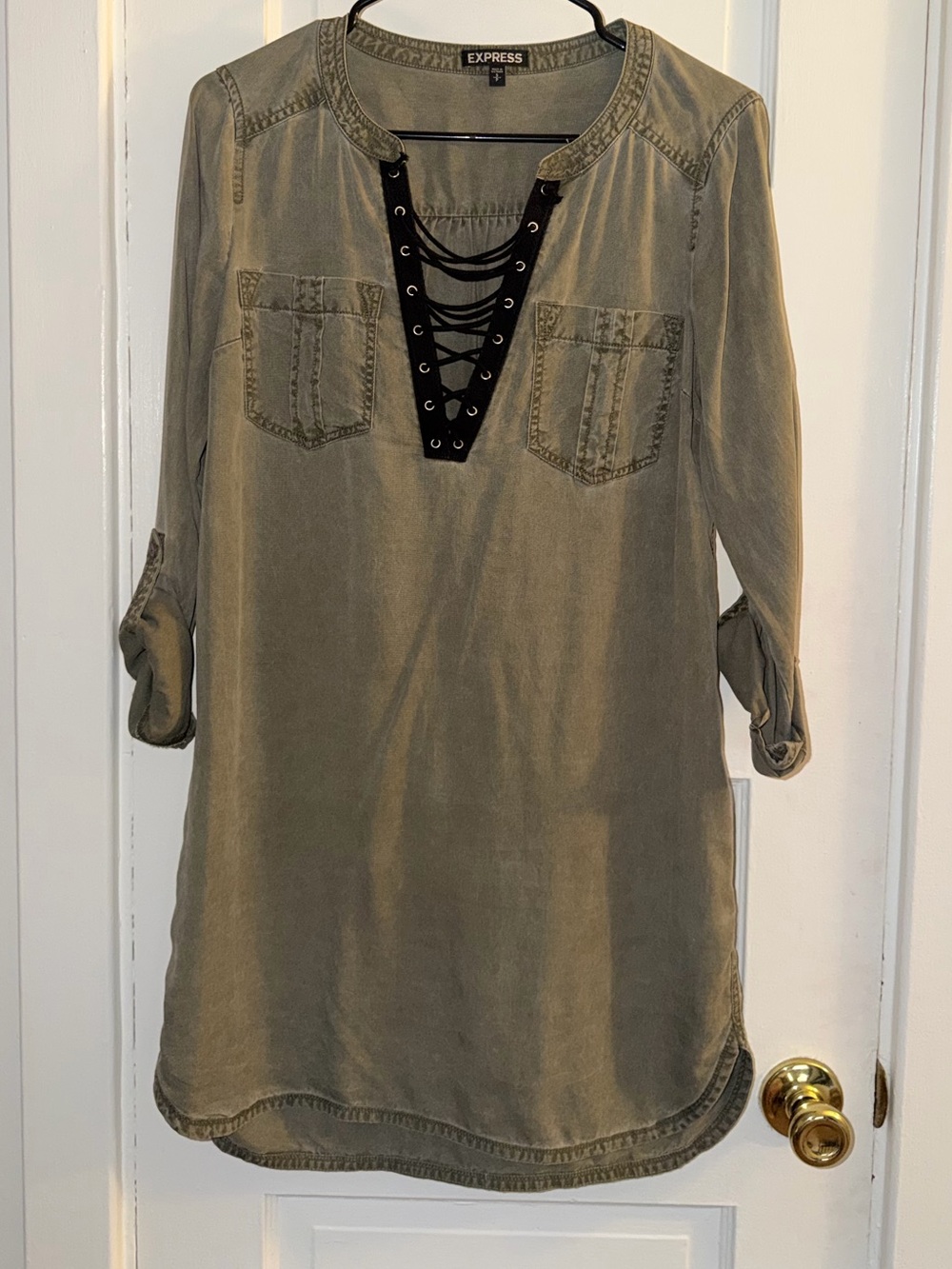 Express Olive Green Lace-Up Tunic Dress Size Small Petite